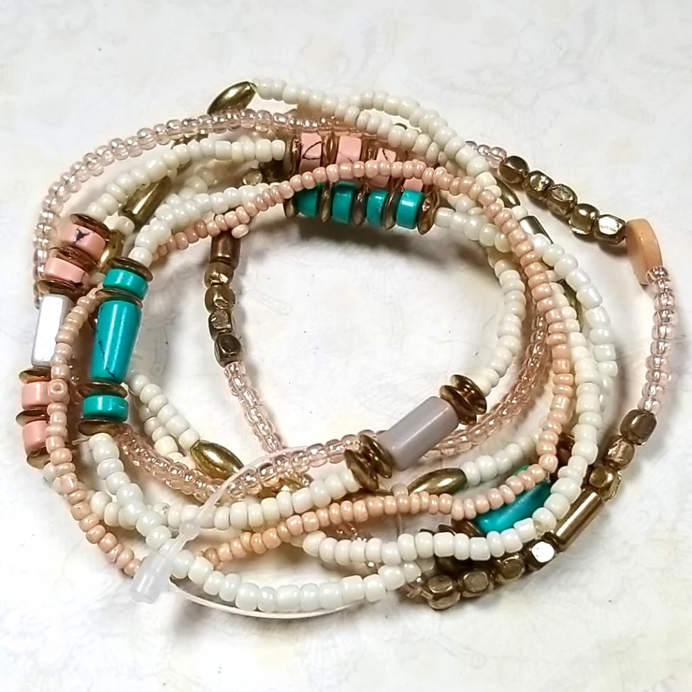 Vintage Boho Turquoise Coral Goldtone Beaded Stackable Stretch Bracelet Set - Picture 15 of 16